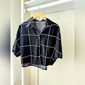 Black and White Checkered Dolman Cropped Button-Up Shirt